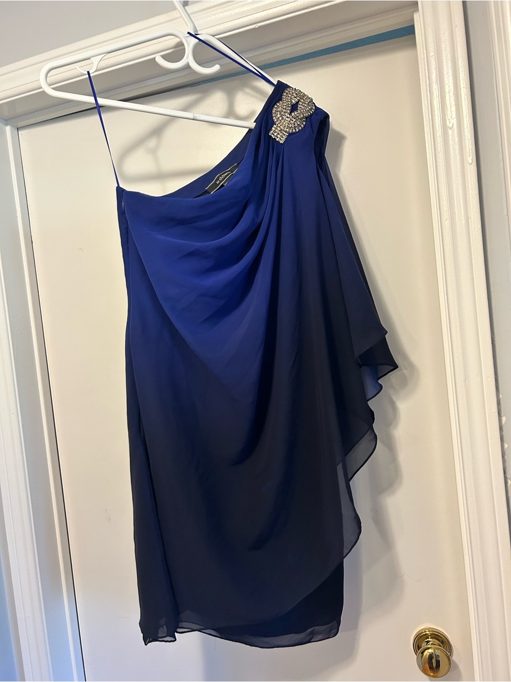le chateau Cobalt Blue ombré One-Shoulder Chiffon Dress with Rhinestone Brooch
